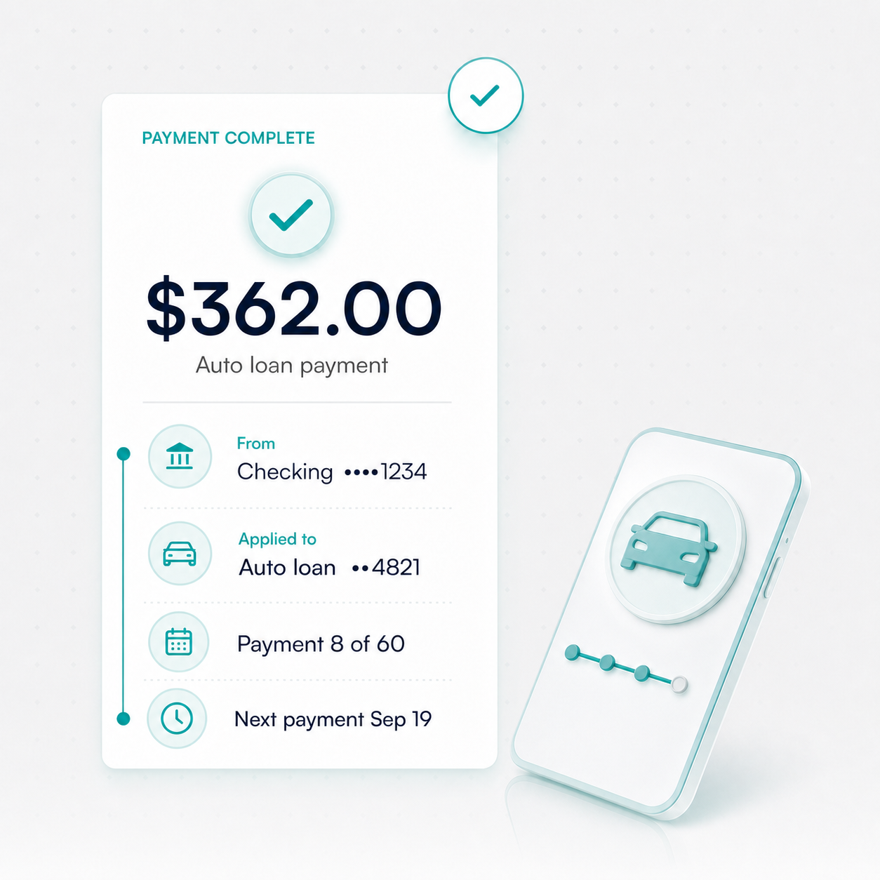 Completed auto loan payment confirmation in the member app